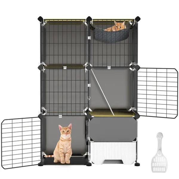Aeelleea 3-Tier Cat Playpen Cage, Indoor Cat House with Litter Tray Scoop & Reversible Hammock for Kittens Ferrets Rabbits