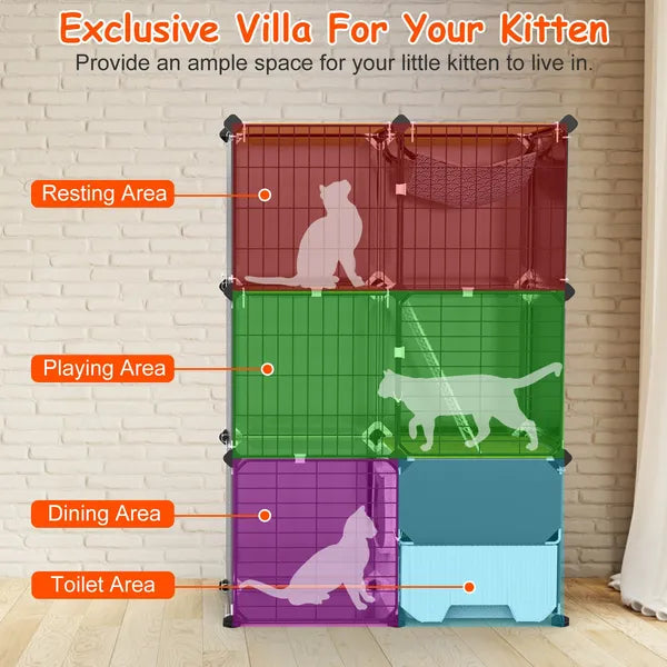 Aeelleea 3-Tier Cat Playpen Cage, Indoor Cat House with Litter Tray Scoop & Reversible Hammock for Kittens Ferrets Rabbits