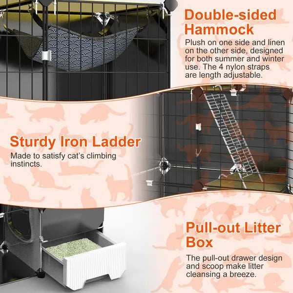 Aeelleea 3-Tier Cat Playpen Cage, Indoor Cat House with Litter Tray Scoop & Reversible Hammock for Kittens Ferrets Rabbits