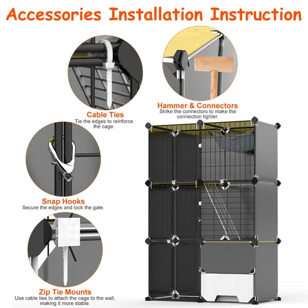 Aeelleea 3-Tier Cat Playpen Cage, Indoor Cat House with Litter Tray Scoop & Reversible Hammock for Kittens Ferrets Rabbits