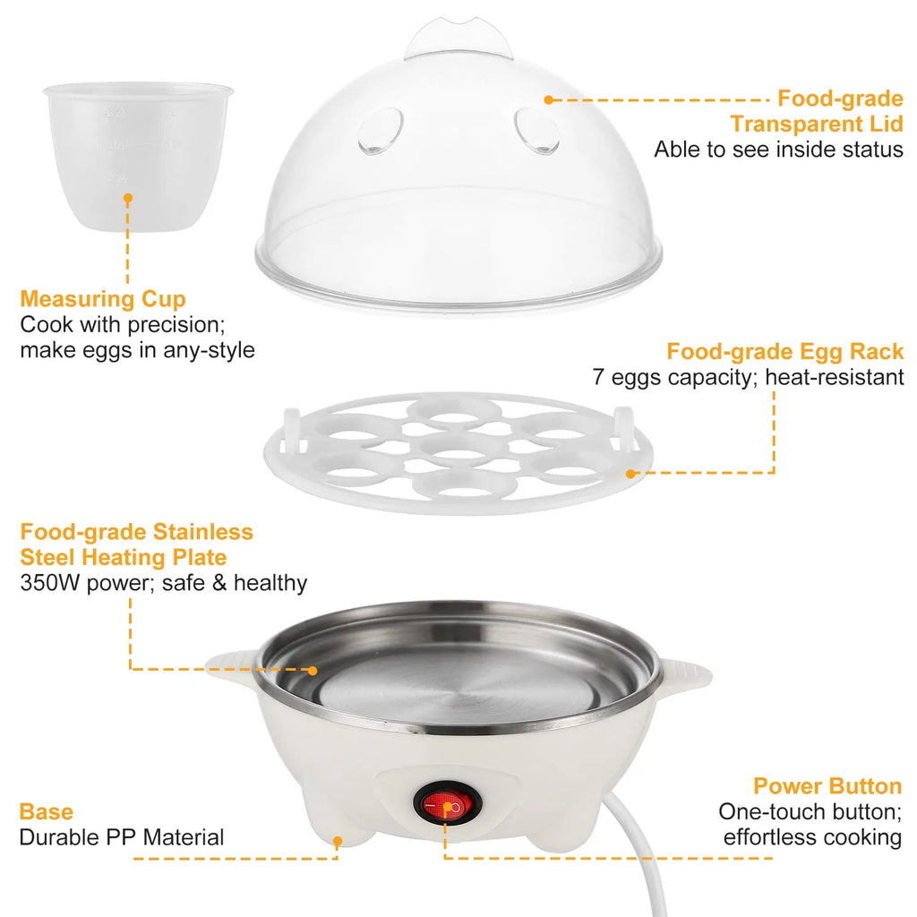 Multi-Use Electric Egg Cooker 7-Egg Capacity Egg Boiler & Food Steamer with Auto Shut-Off - White