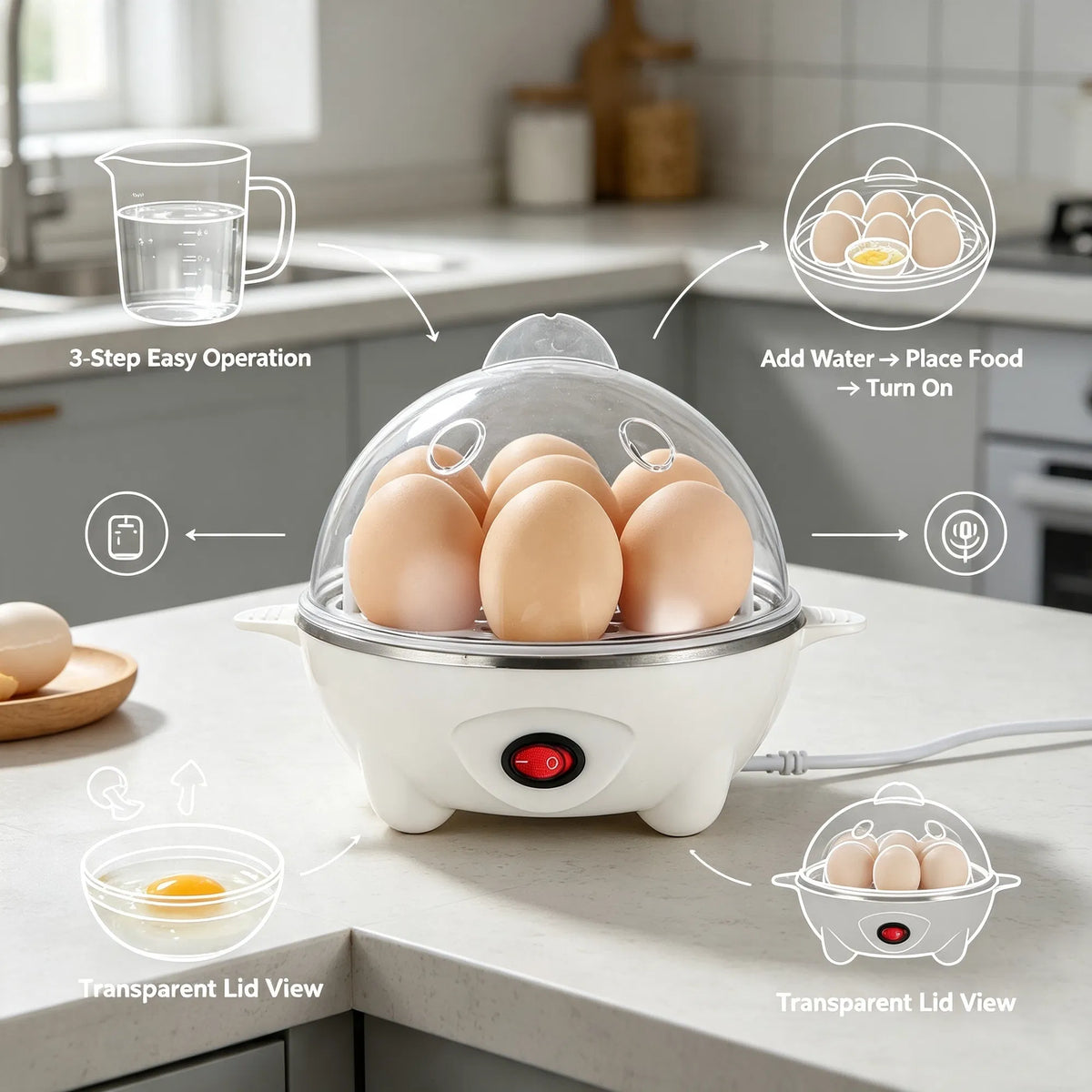 Multi-Use Electric Egg Cooker 7-Egg Capacity Egg Boiler & Food Steamer with Auto Shut-Off - White