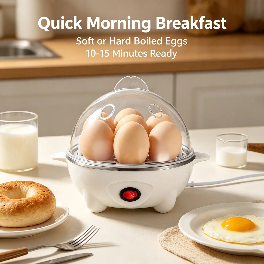 Multi-Use Electric Egg Cooker 7-Egg Capacity Egg Boiler & Food Steamer with Auto Shut-Off - White