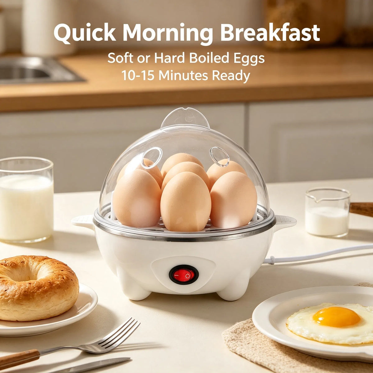 Multi-Use Electric Egg Cooker 7-Egg Capacity Egg Boiler & Food Steamer with Auto Shut-Off - White