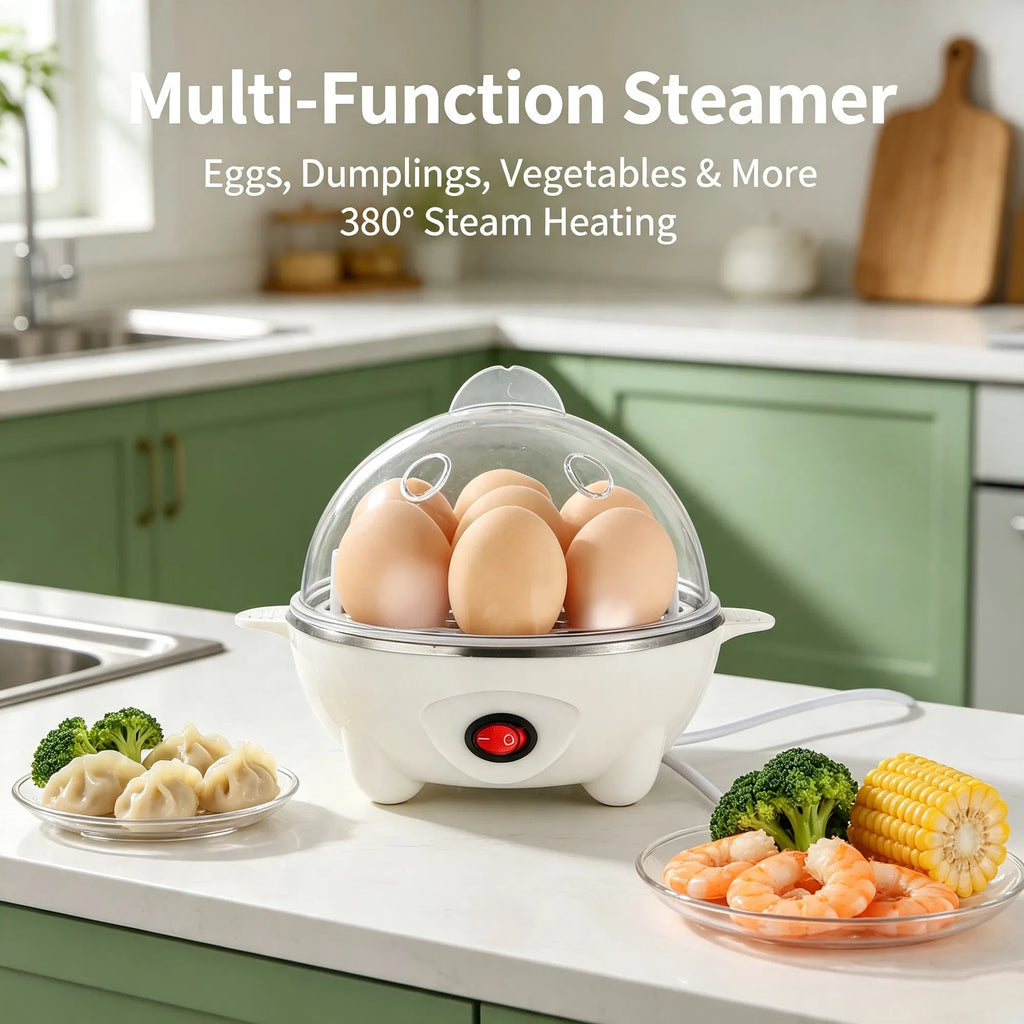 Multi-Use Electric Egg Cooker 7-Egg Capacity Egg Boiler & Food Steamer with Auto Shut-Off - White