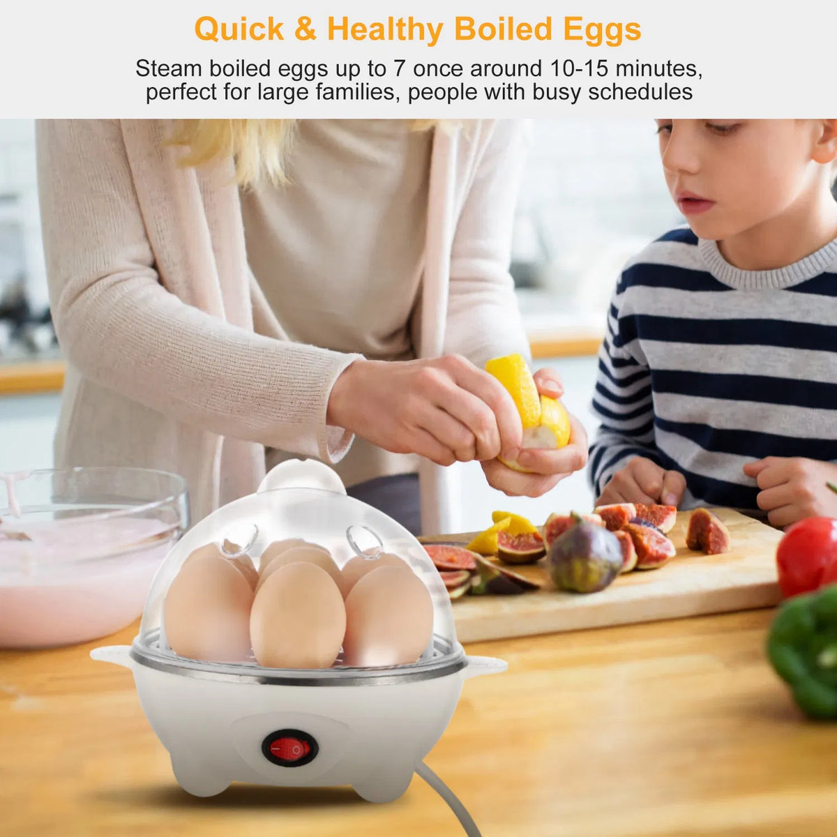 Multi-Use Electric Egg Cooker 7-Egg Capacity Egg Boiler & Food Steamer with Auto Shut-Off - White