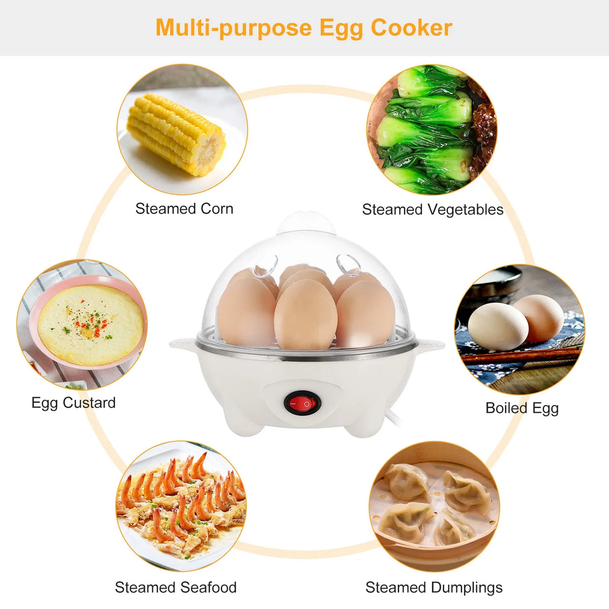 Multi-Use Electric Egg Cooker 7-Egg Capacity Egg Boiler & Food Steamer with Auto Shut-Off - White