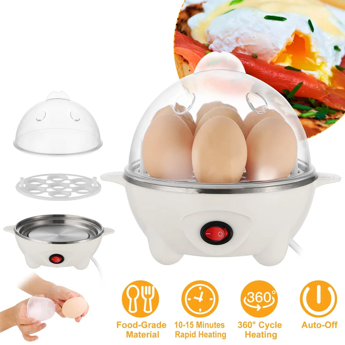 Multi-Use Electric Egg Cooker 7-Egg Capacity Egg Boiler & Food Steamer with Auto Shut-Off - White