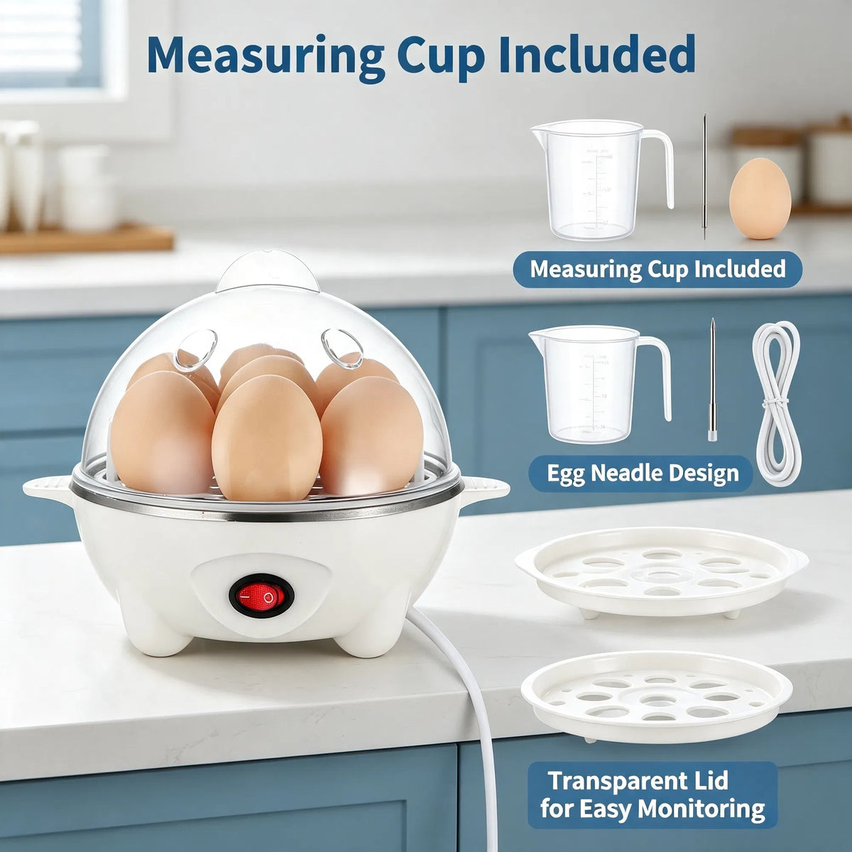 Multi-Use Electric Egg Cooker 7-Egg Capacity Egg Boiler & Food Steamer with Auto Shut-Off - White