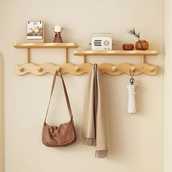 Aeelleea Wall Mounted Bamboo Coat Rack, 72cm Wavy 8 Hooks Entryway Hanger, Dual Shelf Storage Organizer, Walnut Brown / White / Natural Wood