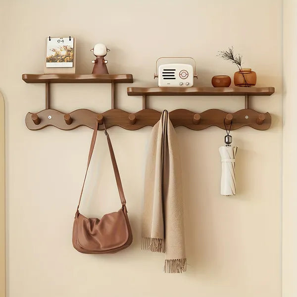 Aeelleea Wall Mounted Bamboo Coat Rack, 72cm Wavy 8 Hooks Entryway Hanger, Dual Shelf Storage Organizer, Walnut Brown / White / Natural Wood
