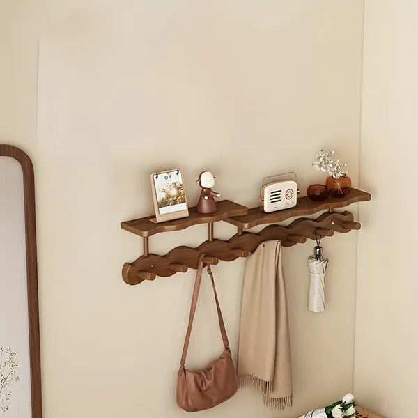 Aeelleea Wall Mounted Bamboo Coat Rack, 72cm Wavy 8 Hooks Entryway Hanger, Dual Shelf Storage Organizer, Walnut Brown / White / Natural Wood