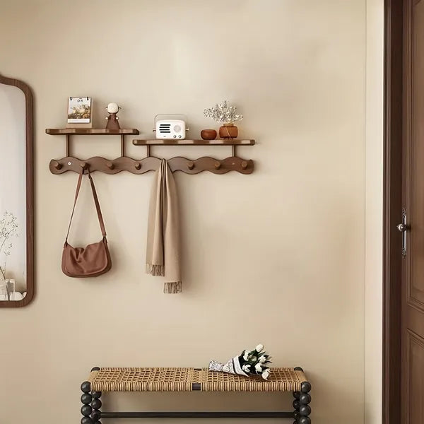 Aeelleea Wall Mounted Bamboo Coat Rack, 72cm Wavy 8 Hooks Entryway Hanger, Dual Shelf Storage Organizer, Walnut Brown / White / Natural Wood