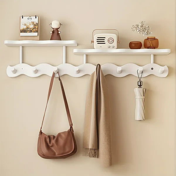 Aeelleea Wall Mounted Bamboo Coat Rack, 72cm Wavy 8 Hooks Entryway Hanger, Dual Shelf Storage Organizer, Walnut Brown / White / Natural Wood