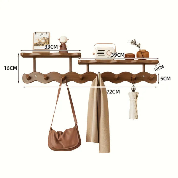 Aeelleea Wall Mounted Bamboo Coat Rack, 72cm Wavy 8 Hooks Entryway Hanger, Dual Shelf Storage Organizer, Walnut Brown / White / Natural Wood