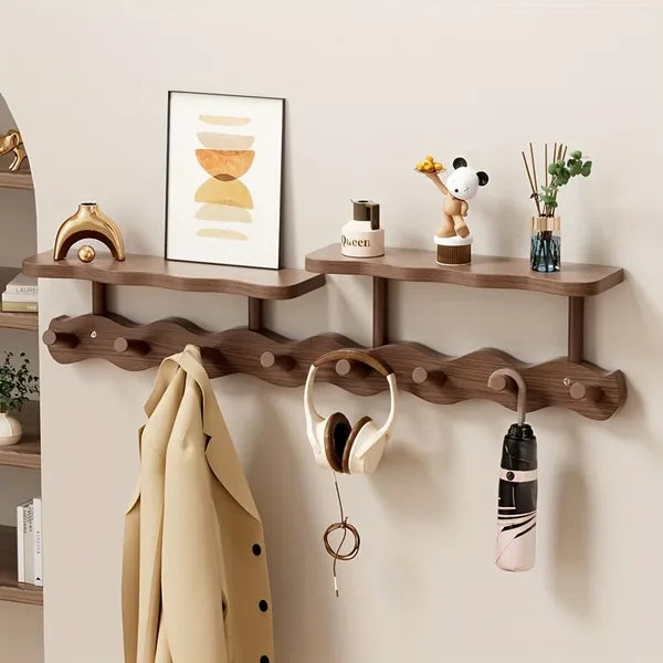 Aeelleea Wall Mounted Bamboo Coat Rack, 72cm Wavy 8 Hooks Entryway Hanger, Dual Shelf Storage Organizer, Walnut Brown / White / Natural Wood