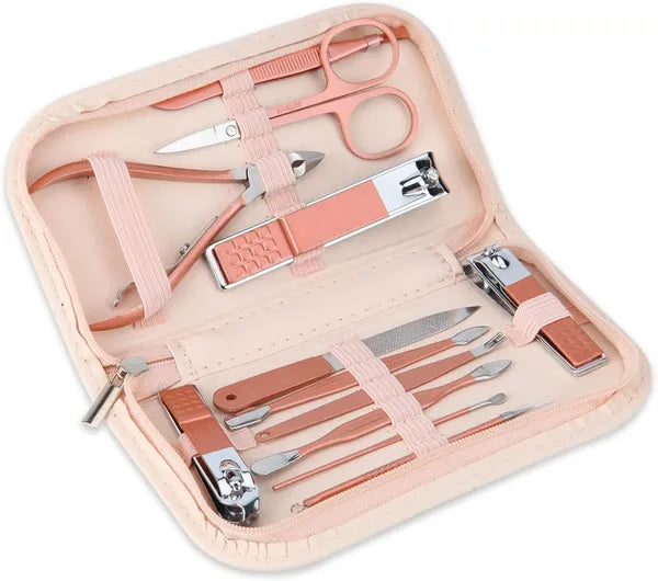 Aeelleea 12 in 1 Manicure Pedicure Set, Portable Nail Clipper Grooming Kit with Pink PU Leather Case for Home Travel Gift Nail Salon