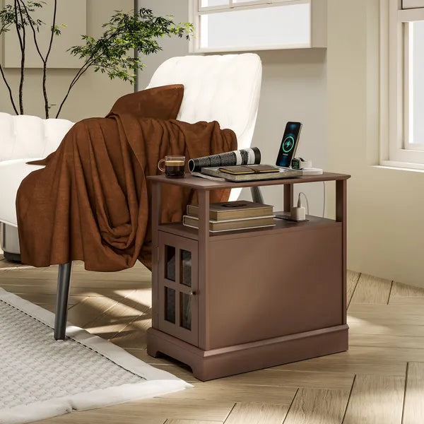Aeelleea Brown Wooden Nightstand with Glass Door, 23.6" End Side Table, Storage Cabinet for Bedroom Living Room