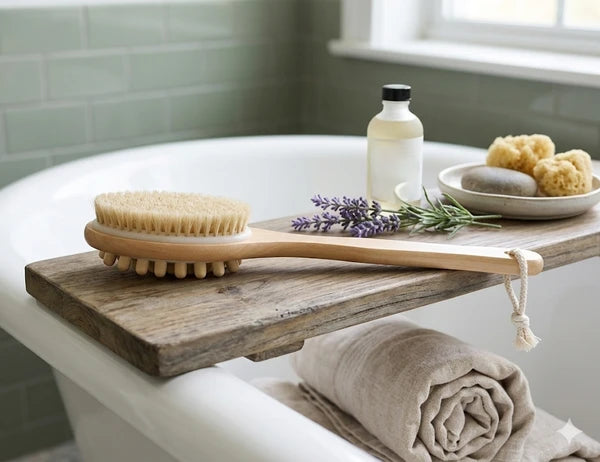 Long Handle Body Brush for Shower, Dual-Sided Exfoliating Bath & Dry Brushing Back Scrubber with Wooden Handle
