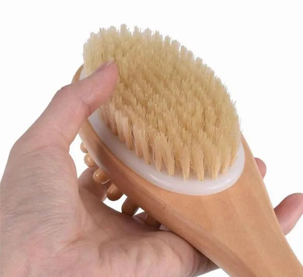 Long Handle Body Brush for Shower, Dual-Sided Exfoliating Bath & Dry Brushing Back Scrubber with Wooden Handle