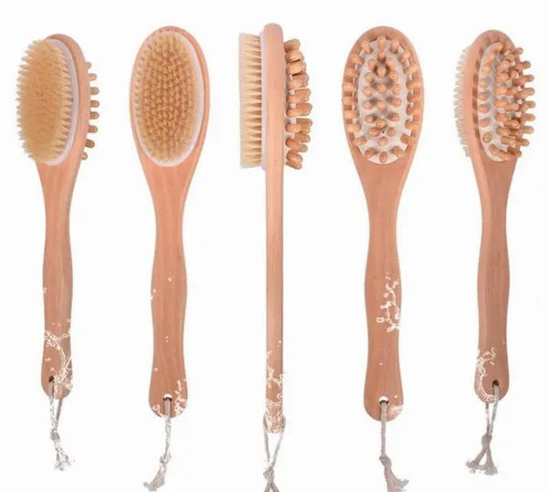 Long Handle Body Brush for Shower, Dual-Sided Exfoliating Bath & Dry Brushing Back Scrubber with Wooden Handle