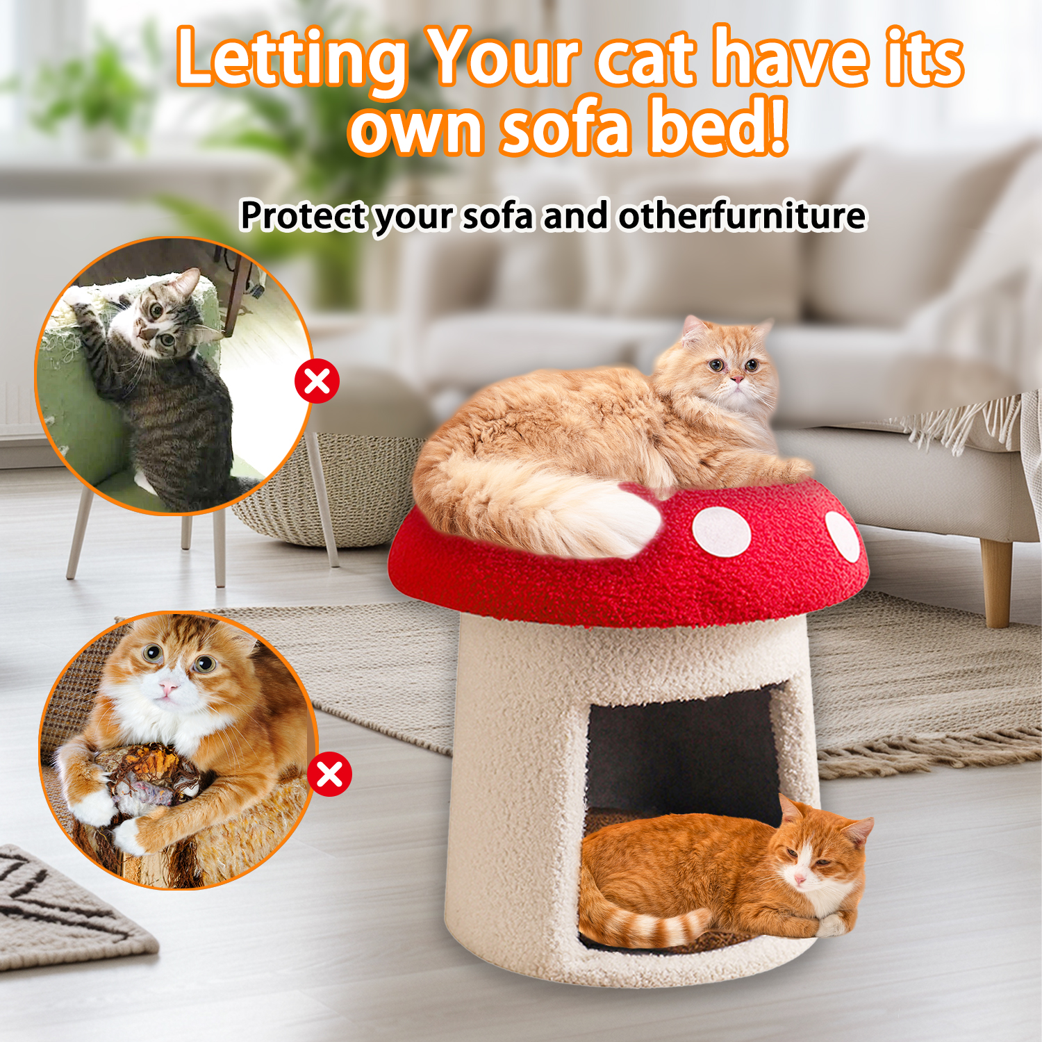 Red Mushroom Style Cat Bed, Large Scratch-Resistant Pet Cave with Removable Washable Cover, All-Season High-Looking Cat House