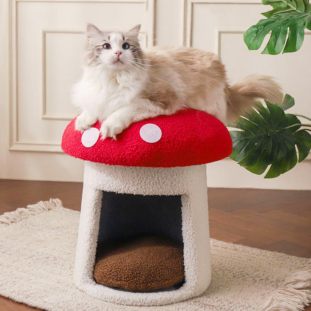 Red Mushroom Style Cat Bed, Large Scratch-Resistant Pet Cave with Removable Washable Cover, All-Season High-Looking Cat House