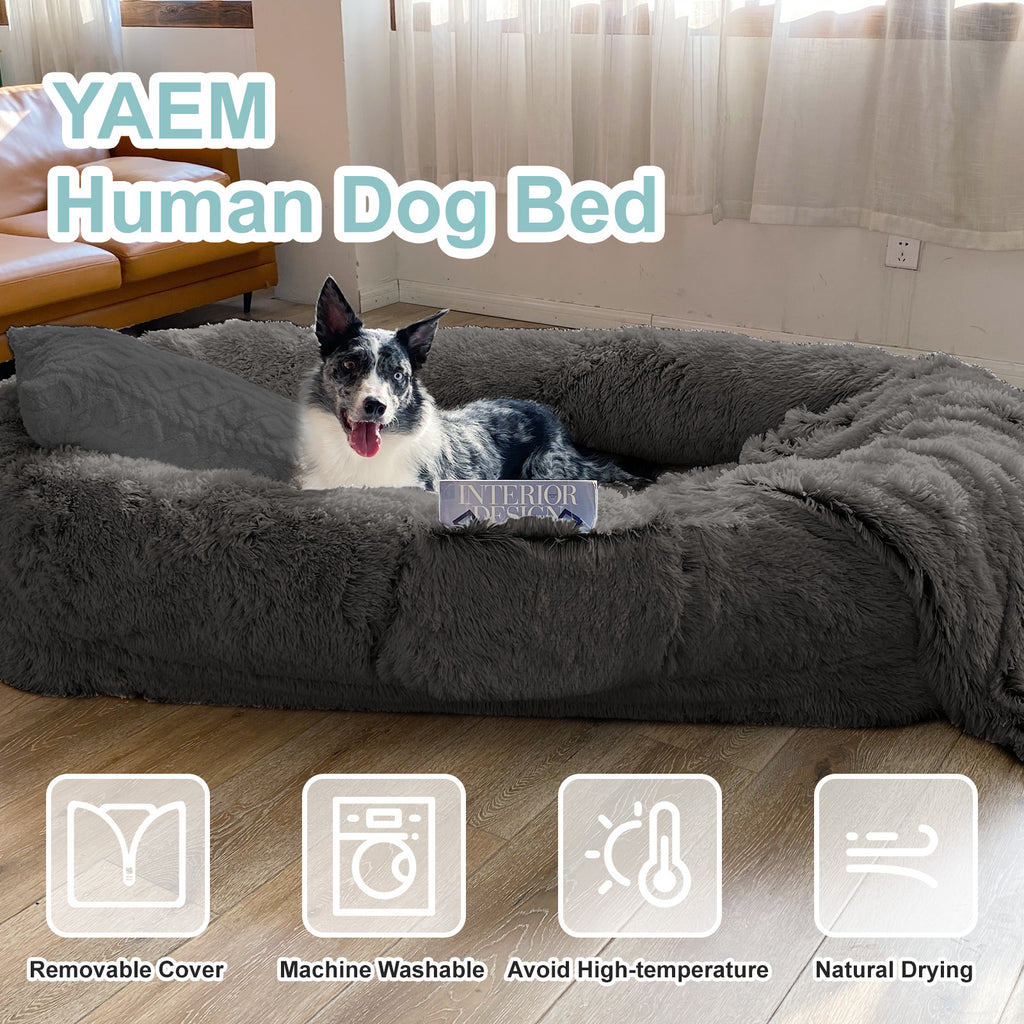 CozyPet - Human Dog Bed for People and Pets - 71''x45''x12'' Oversized Orthopedic Faux Fur Mat, Washable with Pillow & Blanket