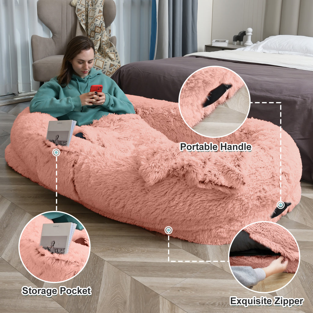 Extra Large 71"x45×12" Orthopedic Dog & People Bed, Plush Faux Fur, Includes Pillow & Blanket, Washable, Non-Slip Strap