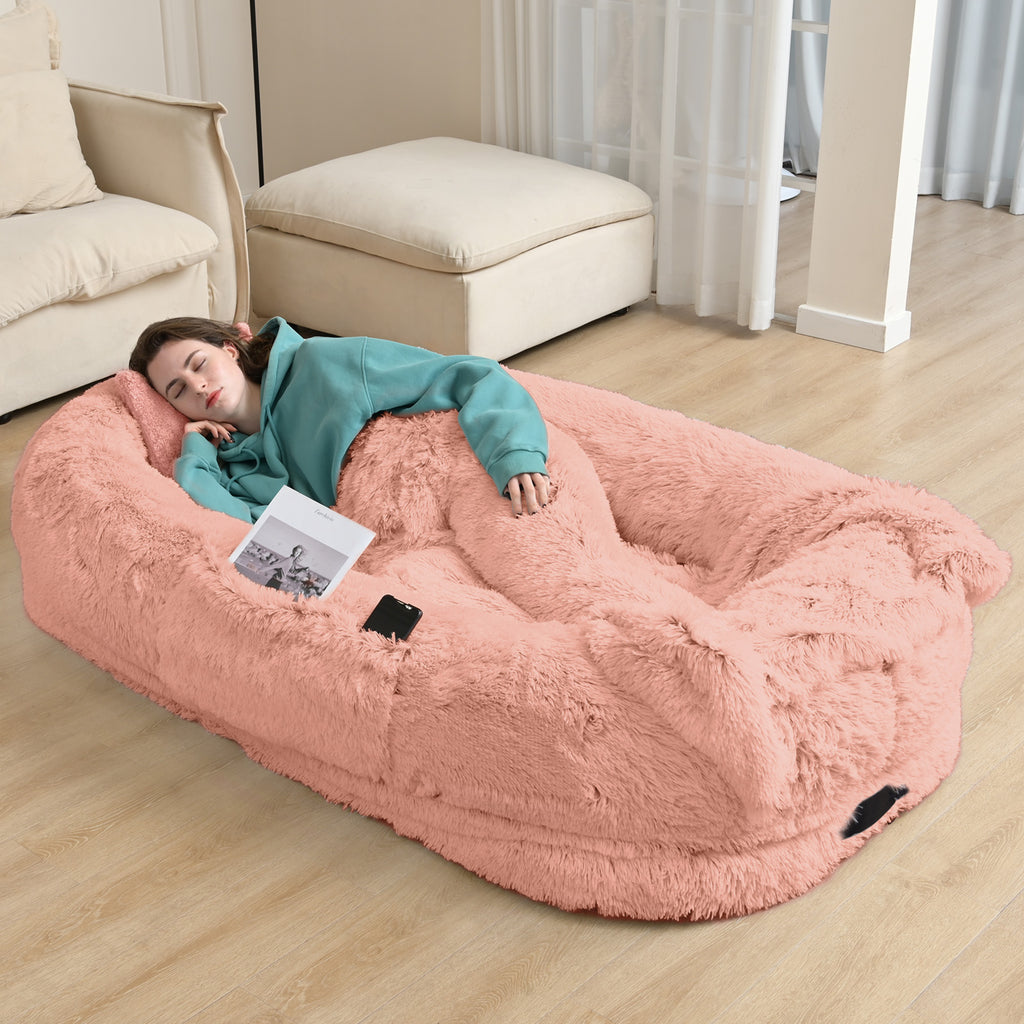 Extra Large 71"x45×12" Orthopedic Dog & People Bed, Plush Faux Fur, Includes Pillow & Blanket, Washable, Non-Slip Strap