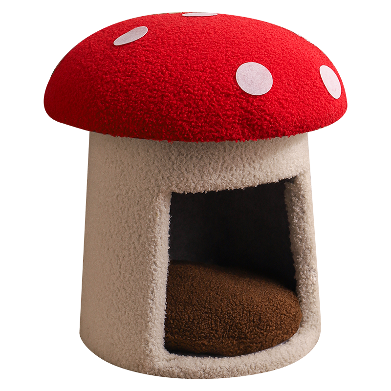 Red Mushroom Style Cat Bed, Large Scratch-Resistant Pet Cave with Removable Washable Cover, All-Season High-Looking Cat House