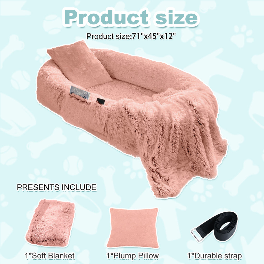Extra Large 71"x45×12" Orthopedic Dog & People Bed, Plush Faux Fur, Includes Pillow & Blanket, Washable, Non-Slip Strap