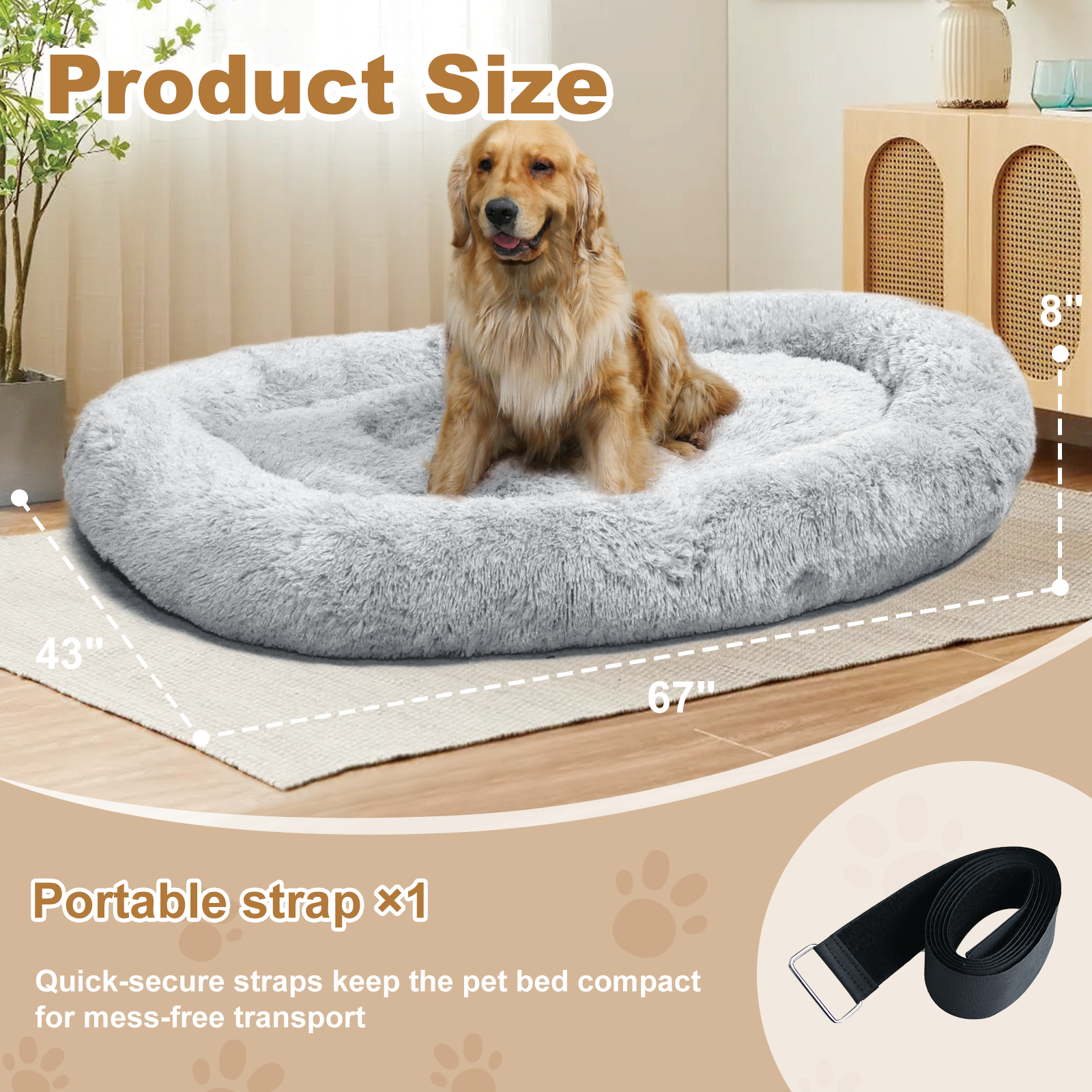 CozyPet - Large Dog Bed 67x43x8 Inches, Super Soft, Machine Washable, Portable with Handles, Non-Slip Bottom for Safety