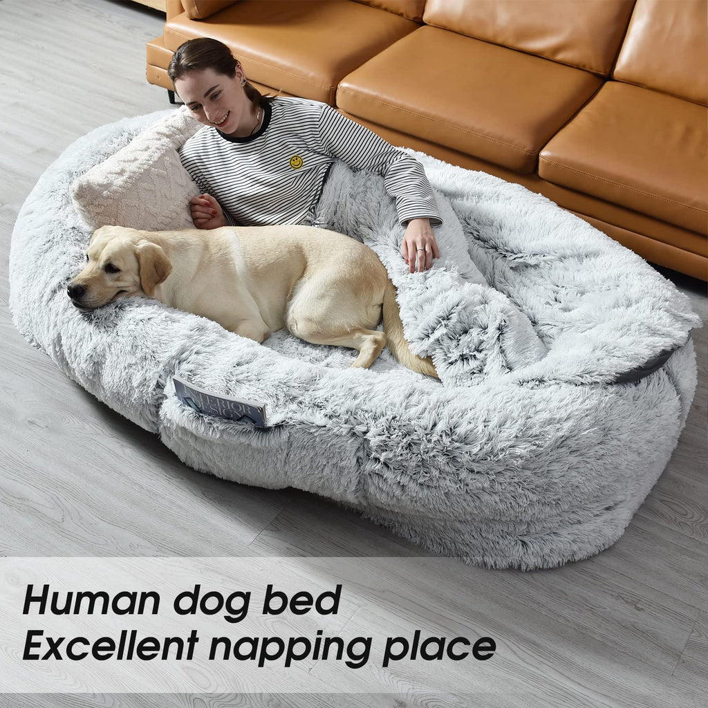 Large Human Dog Bed 71" Plush Faux Fur Orthopedic Washable Pet Couch for Adults, Kids & Pets with Removable Blanket & Pillow, Grey