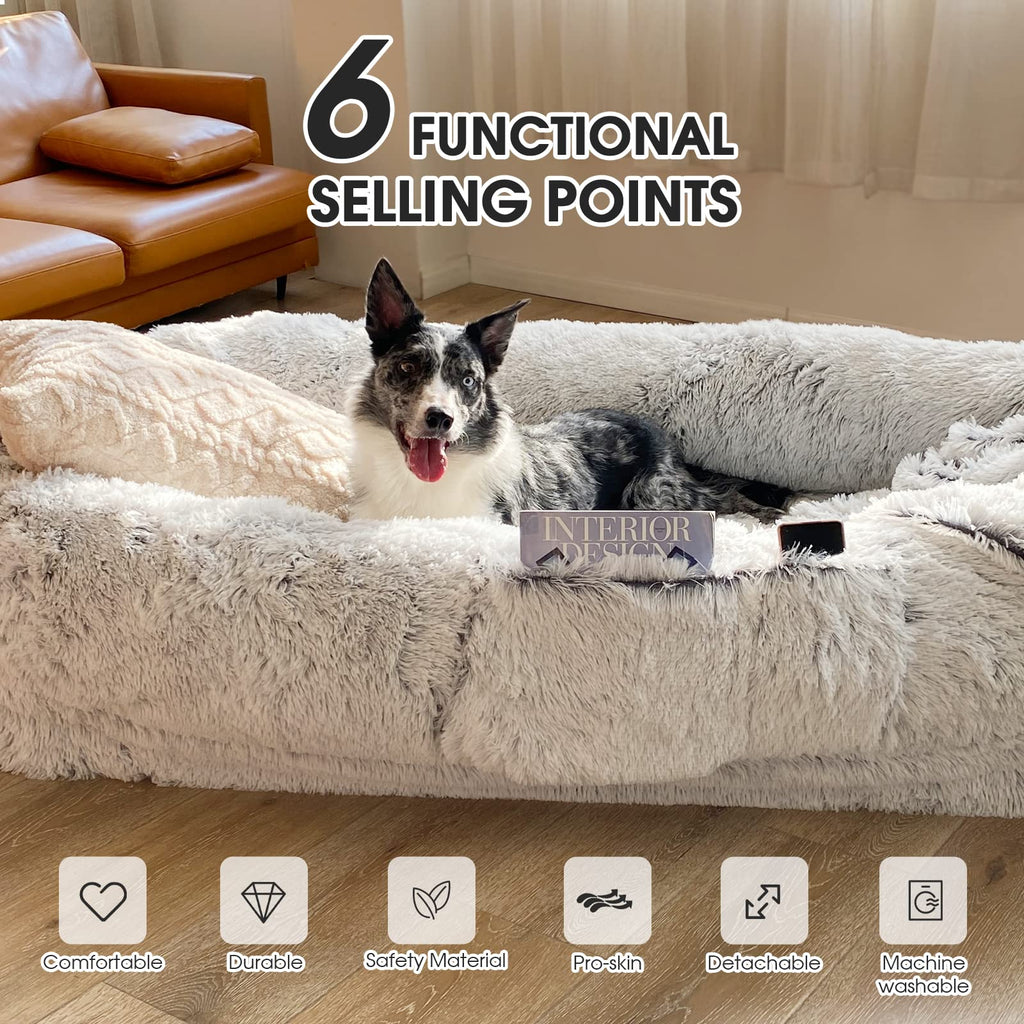 Large Human Dog Bed 71" Plush Faux Fur Orthopedic Washable Pet Couch for Adults, Kids & Pets with Removable Blanket & Pillow, Grey