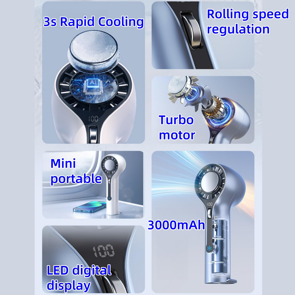 Ice Cooling Handheld Fan, 3000mAh Rechargeable Turbo Fan, Digital Display & 0-100 Speed, Portable for Travel Outdoor Camping Office
