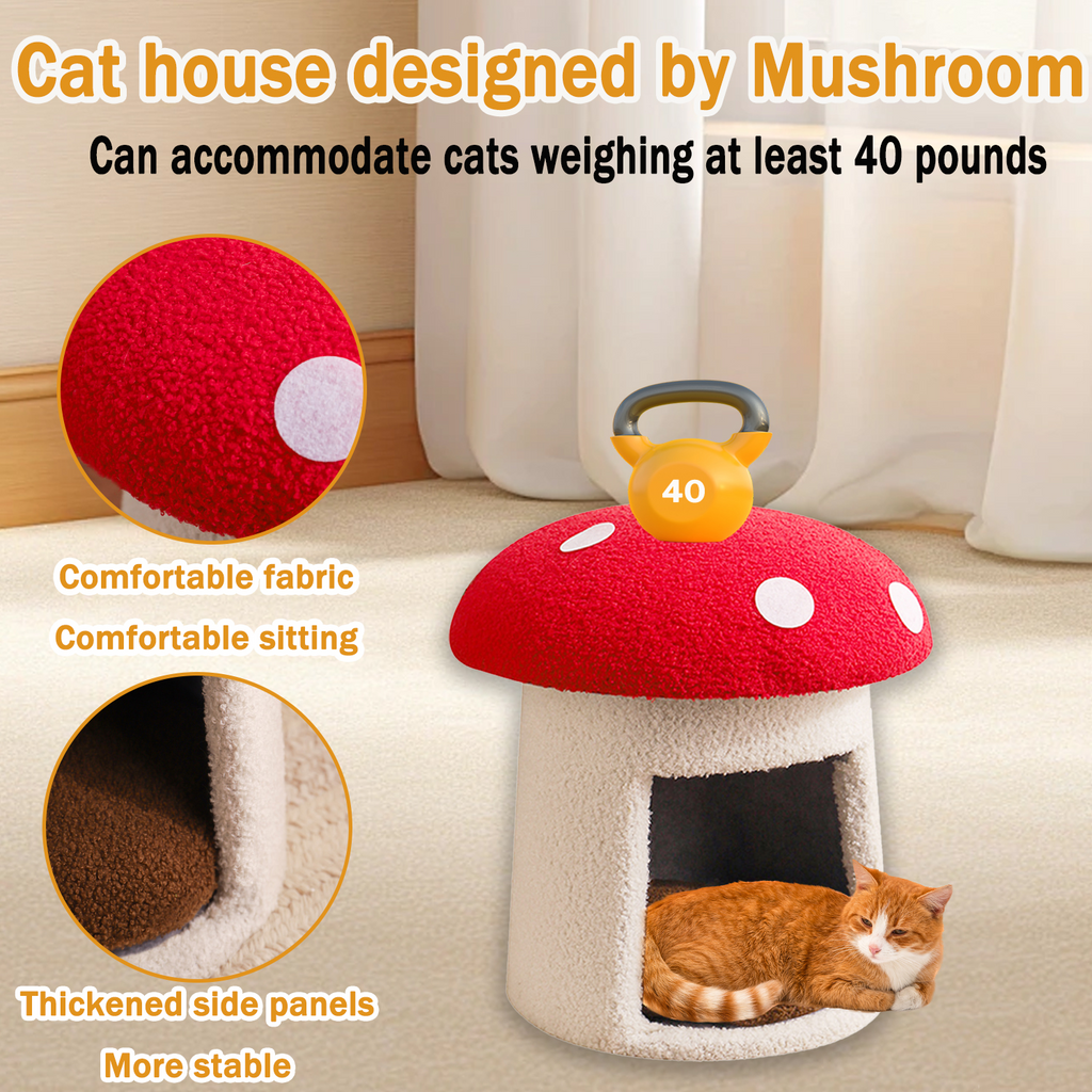 Red Mushroom Style Cat Bed, Large Scratch-Resistant Pet Cave with Removable Washable Cover, All-Season High-Looking Cat House