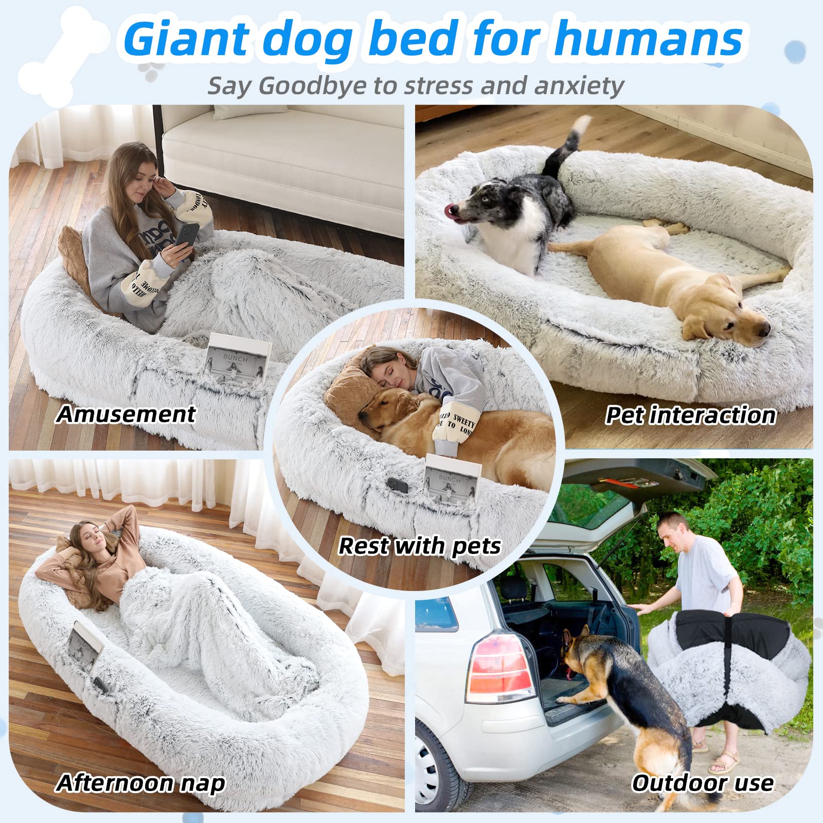 Large Human Dog Bed 71" Plush Faux Fur Orthopedic Washable Pet Couch for Adults, Kids & Pets with Removable Blanket & Pillow, Grey
