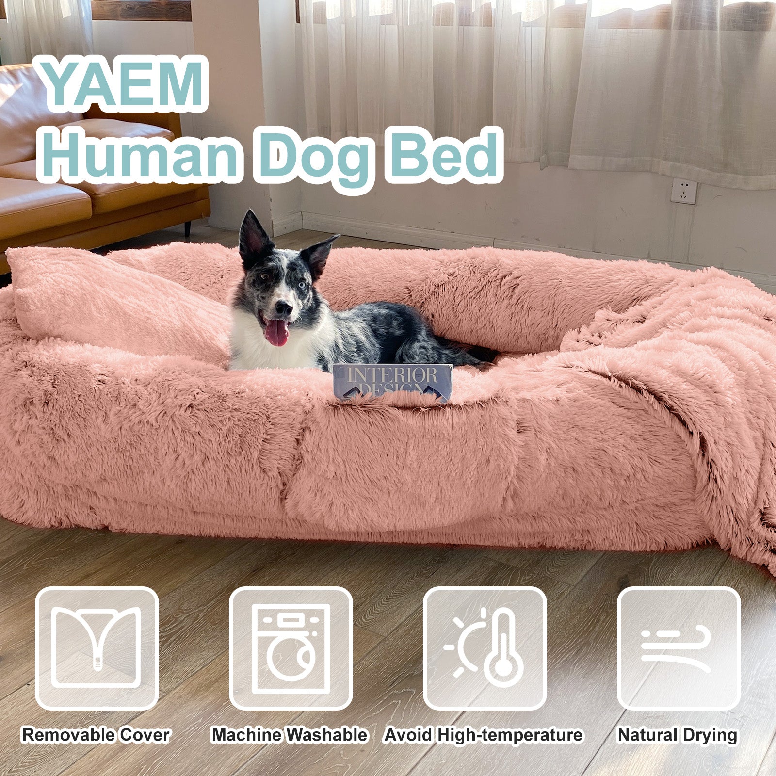 Extra Large 71"x45×12" Orthopedic Dog & People Bed, Plush Faux Fur, Includes Pillow & Blanket, Washable, Non-Slip Strap