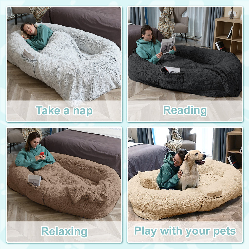 CozyPet - Human Dog Bed for People and Pets - 71''x45''x12'' Oversized Orthopedic Faux Fur Mat, Washable with Pillow & Blanket