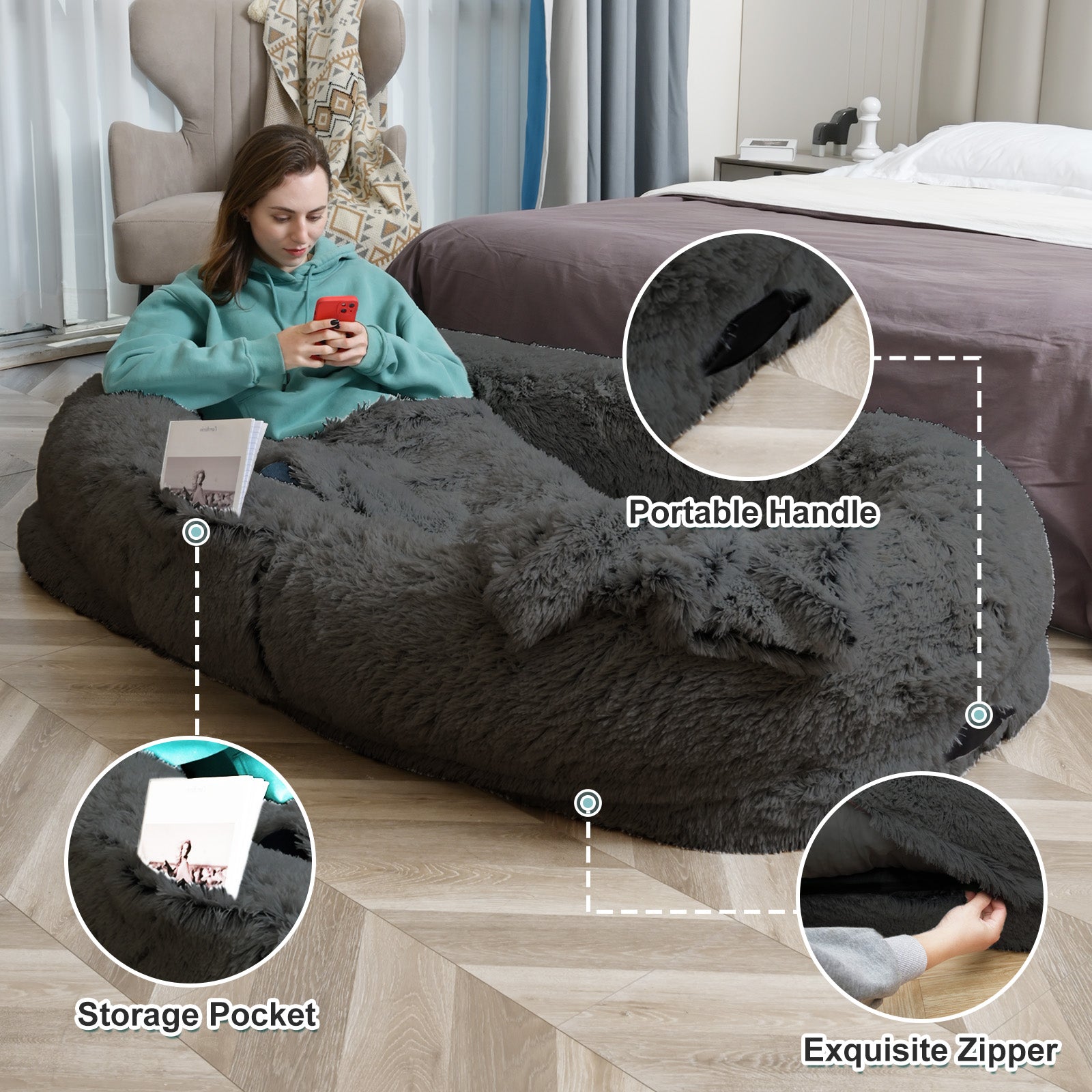 CozyPet - Human Dog Bed for People and Pets - 71''x45''x12'' Oversized Orthopedic Faux Fur Mat, Washable with Pillow & Blanket