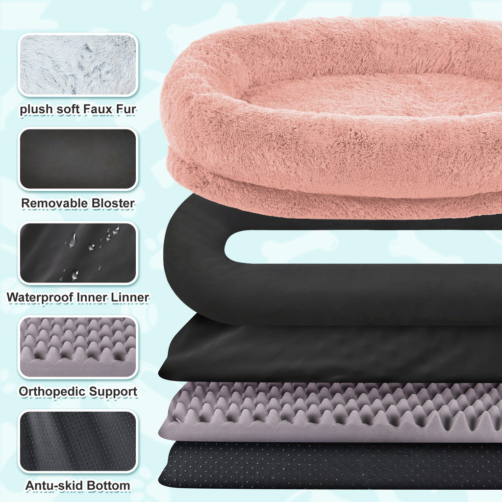 Extra Large 71"x45×12" Orthopedic Dog & People Bed, Plush Faux Fur, Includes Pillow & Blanket, Washable, Non-Slip Strap