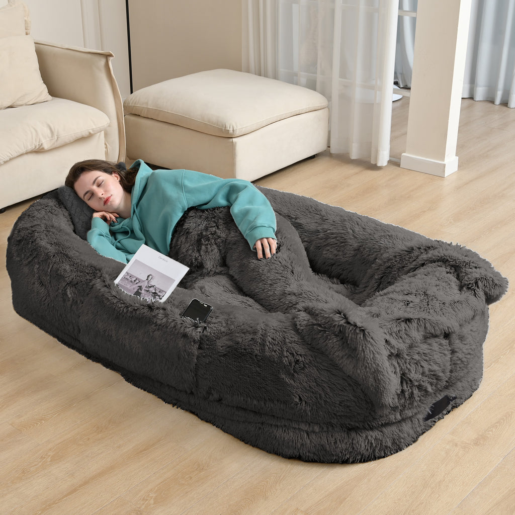 CozyPet - Human Dog Bed for People and Pets - 71''x45''x12'' Oversized Orthopedic Faux Fur Mat, Washable with Pillow & Blanket