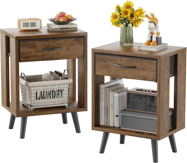 Aeelleea Set of 2 Nightstands 15.8×11.8×23.7in, End Tables with Fabric Drawer & Open Shelf, Vintage Brown Side Table for Bedroom
