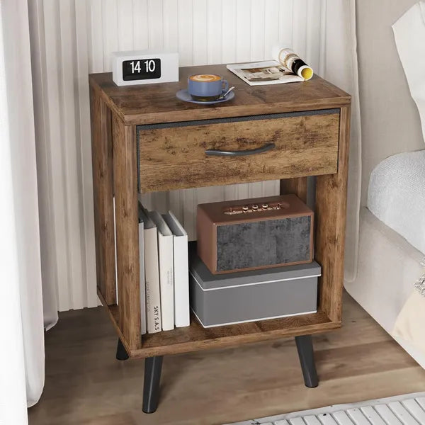Aeelleea Set of 2 Nightstands 15.8×11.8×23.7in, End Tables with Fabric Drawer & Open Shelf, Vintage Brown Side Table for Bedroom