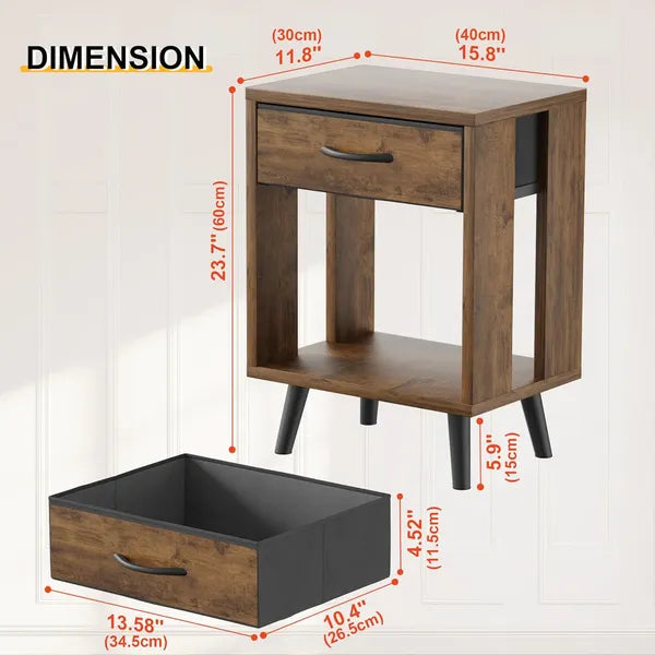 Aeelleea Set of 2 Nightstands 15.8×11.8×23.7in, End Tables with Fabric Drawer & Open Shelf, Vintage Brown Side Table for Bedroom