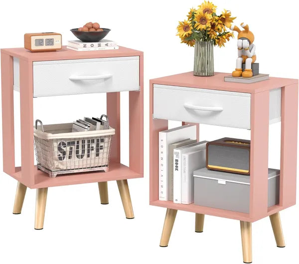 Aeelleea 2 Pack Nightstand, Pink End Table with Fabric Storage Drawer & Open Shelf, Wooden Side Table for Bedroom, 15.8×11.8×23.7in