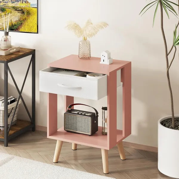Aeelleea 2 Pack Nightstand, Pink End Table with Fabric Storage Drawer & Open Shelf, Wooden Side Table for Bedroom, 15.8×11.8×23.7in