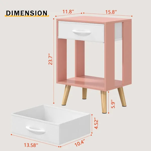 Aeelleea 2 Pack Nightstand, Pink End Table with Fabric Storage Drawer & Open Shelf, Wooden Side Table for Bedroom, 15.8×11.8×23.7in
