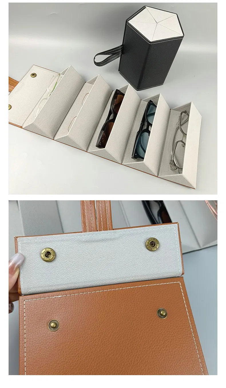 Organ‑Style 6‑Panel Faux‑Leather Glasses Case, Portable Foldable Eyewear Storage Holder for Storing Multiple Pairs of Glasses & Sunglasses